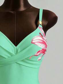 Conjunto de bikini de 2 piezas con estampado floral, accesorio de metal y correa ajustable, de caliente para vacaciones de primavera/verano y playa - Verde - Ver 8
