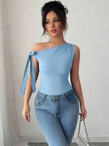 Camiseta ajustada elegante con cuello asimétrico y nudo de mujer de unicolor - Azul 2 - Ver 7