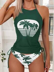 Conjunto de top de tankini con cuello halter y Bottom con estampado de palmeras, cordón y fruncido, para vacaciones y playa - Multicolor 3 - Ver 1