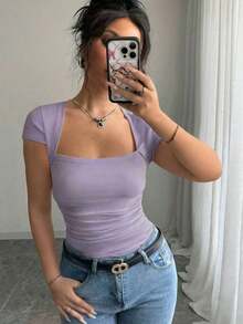 Raffinéa Camiseta ajustado de moda con mangas raglan, cuello en U, cintura fruncida, elástica, blanca, para primavera/verano, para mujeres - Púrpura malva - Ver 7
