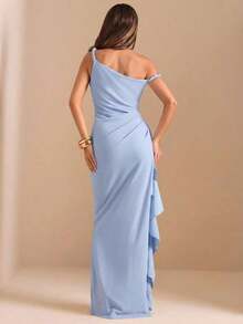 de dama de honor de otoño/invierno, vestido largo elegante con pliegues, abertura alta, volantes y hombros oblicuos con nudo retorcido y sin tirantes, sexy para fiestas - Celeste - Ver 4
