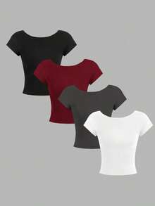 4 piezas Camisetas de mujer de unicolor casual, de cuello redondo, ajustadas y con espalda calada, adecuadas para el verano - Multicolor 3 - Ver 12