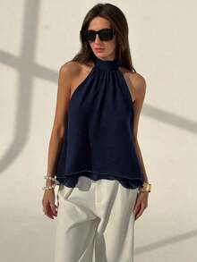 Camiseta sin mangas de gasa con cuello halter, fruncida y con línea A, de estilo bohemio minimalista y sexy, color morado berenjena, para primavera/verano - Azul marino - Ver 7
