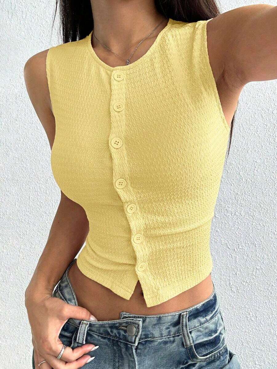 Blusa sin mangas casual con textura de un solo color y botones delanteros - Amarillo - Ver 1