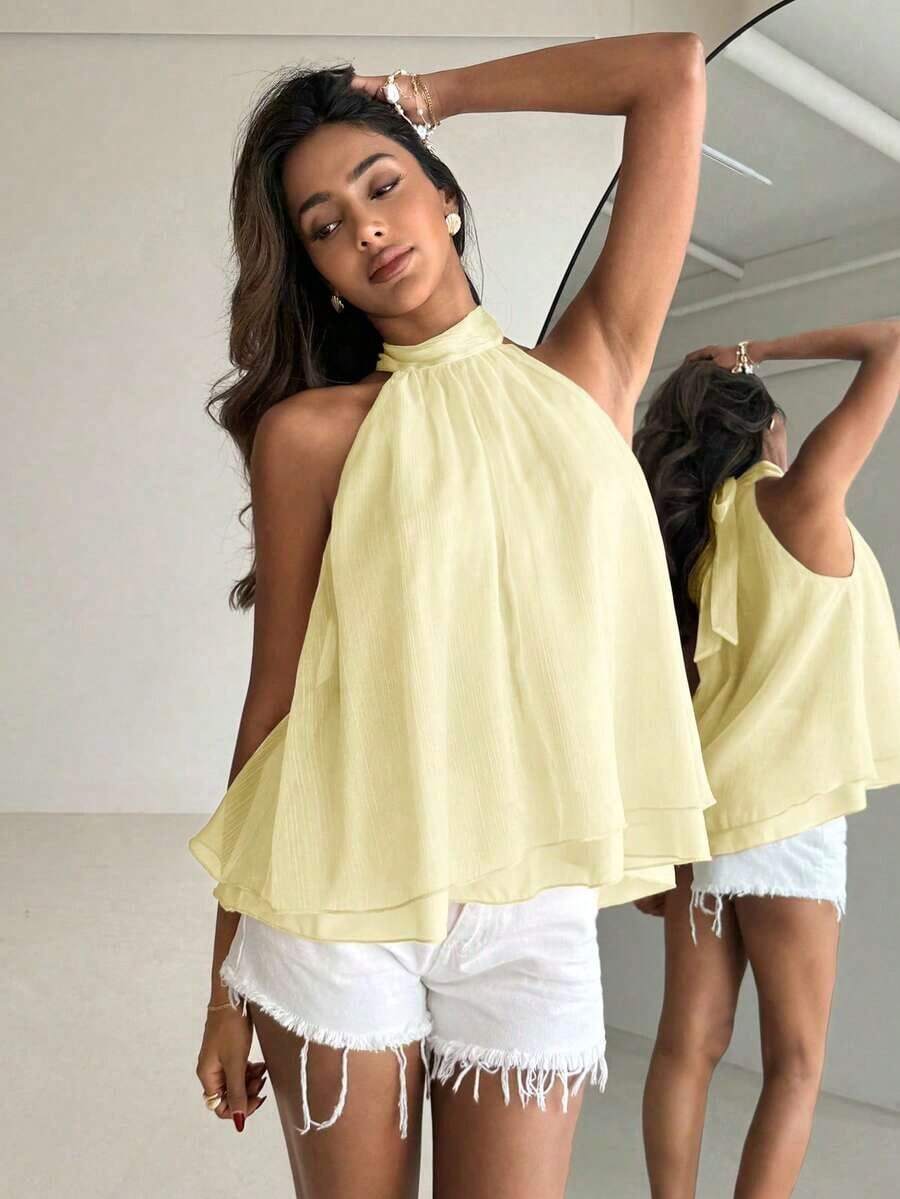 Camiseta sin mangas de gasa con cuello halter, fruncida y con línea A, de estilo bohemio minimalista y sexy, color morado berenjena, para primavera/verano - Amarillo claro 2 - Ver 1