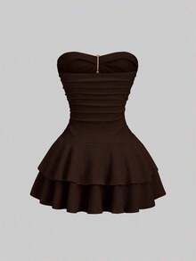 Vestido mini elegante sin tirantes de doble capa para mujer - Café integral - Ver 2