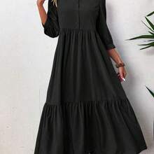 Women Solid Color Casual Short Sleeve Dress Maxi Women Outfit - Marrón - Ver 5