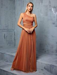 Vestido largo de gasa con cuello asimétrico, busto drapeado, cintura hueca y abertura alta en A, vestido de dama de honor para boda en primavera - Naranja Quemada - Ver 3
