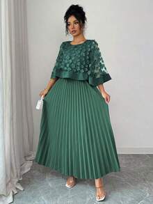 Vestido con decoración floral elegante y bajo plisado, adecuado para bodas, fiestas de cumpleaños y otras ocasiones, otoño - Verde Oscuro - Ver 5