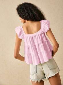 Blusa informal de mujer con volantes en el borde de unicolor - Rosa Pálido - Ver 2