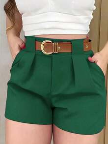 Pantalones cortos casuales sueltos con bolsillos y pliegues de unicolor para mujer - Verde Oscuro - Ver 1