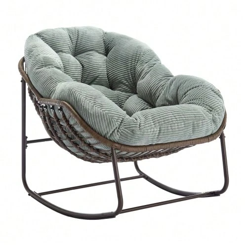 Mecedora de ratán para exteriores, asiento columpio tapizado con respaldo para entrada principal, sala de estar, patio, jardín. - Verde - Ver 1