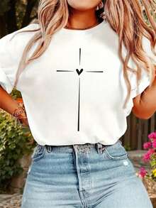 Elegante Top Diario: Camiseta de mujer con estampado de corazones y cuello redondo, top deportivo casual de manga corta para primavera/verano, camiseta de moda elegante para mujer. - Blanco - Ver 7