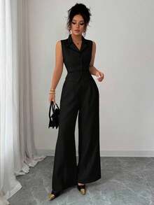 Traje de chaleco y pantalones con ribete de contraste elegante para mujer, todos los atuendos para mujer, de vuelta a la escuela, atuendos de maestra para mujer, vestido de invitada de boda elegante, casual de negocios para mujer, vestido de in - Negro - Ver 5