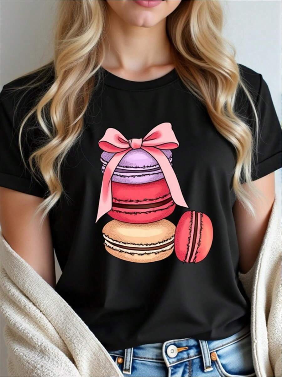Plus Size, TShirt con estampado de Macarón para mujeres Una blusa ligera y elástica ideal para trajes casuales en primavera y verano Perfecto para un uso diario cómodo en el hogar Cafés y CommutinSoft transpirable cuello redondo Top casual para fiestas temáticas