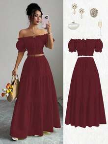 Nuevo conjunto de 2 piezas para mujer con blusa de hombros descubiertos y mangas abullonadas, con lazo en la cintura y falda A-line recogida, ideal para vacaciones, casual, moda joven, versátil y elegante - Negro - Ver 10
