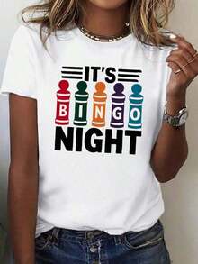 Women's 'It's Bingo Night' Graphic T-Shirt, Short Sleeve Crew Neck, Colorful Bingo Print, Ideal For Spring/Summer Game Nights, Vibrant Design Top - White - View 1