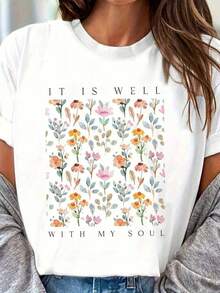 1 Piece Of Women's T-Shirt "IT IS WELL WITH MY SOUL", Thick Fabric Christmas T-Shirt For Women (1 Piece), 180g, 100% Soft Cotton. - 黑色 - 查看 8