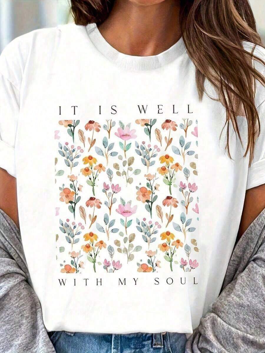1 Piece Of Women's T-Shirt "IT IS WELL WITH MY SOUL", Thick Fabric Christmas T-Shirt For Women (1 Piece), 180g, 100% Soft Cotton. - 白色 - 查看 1