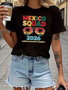 Women's Crew Neck T-Shirt With A Mexico 2026 National Team Print, Perfect For Casual Outings And Holiday Gifts During Spring And Summer. This Soft And Breathable Crew Neck T-Shirt Is Ideal For Themed Parties And Everyday Wear. Short Sleeve T-Shirt. - 黑色 - 查看 4