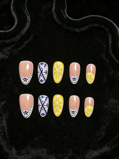 30pcs Medium-Long Oval 3D Gel Nail Stickers, Mediterranean Summer, Amalfi Coast Style Nail Stickers, Including 3D Lemons, Bohemian Patterns, Color Contrast Designs, French Pointed Tip Shapes, Perfect Length Fit, Acrylic Fake Nails Set Includes: 1pc Jelly Gel And 1pc Nail File, French Manicure Enhancement, Suitable For Women's Daily, Holiday And Party Occasions