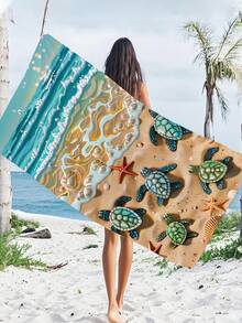 1pc Ocean Series Beach Towel, Decorated With Sea Turtle, Pearl And Shell Patterns - Extra Large Size, Super Soft Quick-Dry, Waterproof And Sand-Proof. Perfect Essential For Pool Side Relaxation, Beach Vacation, Yoga Practice And Outdoor Adventure. - Multicolor - View 2