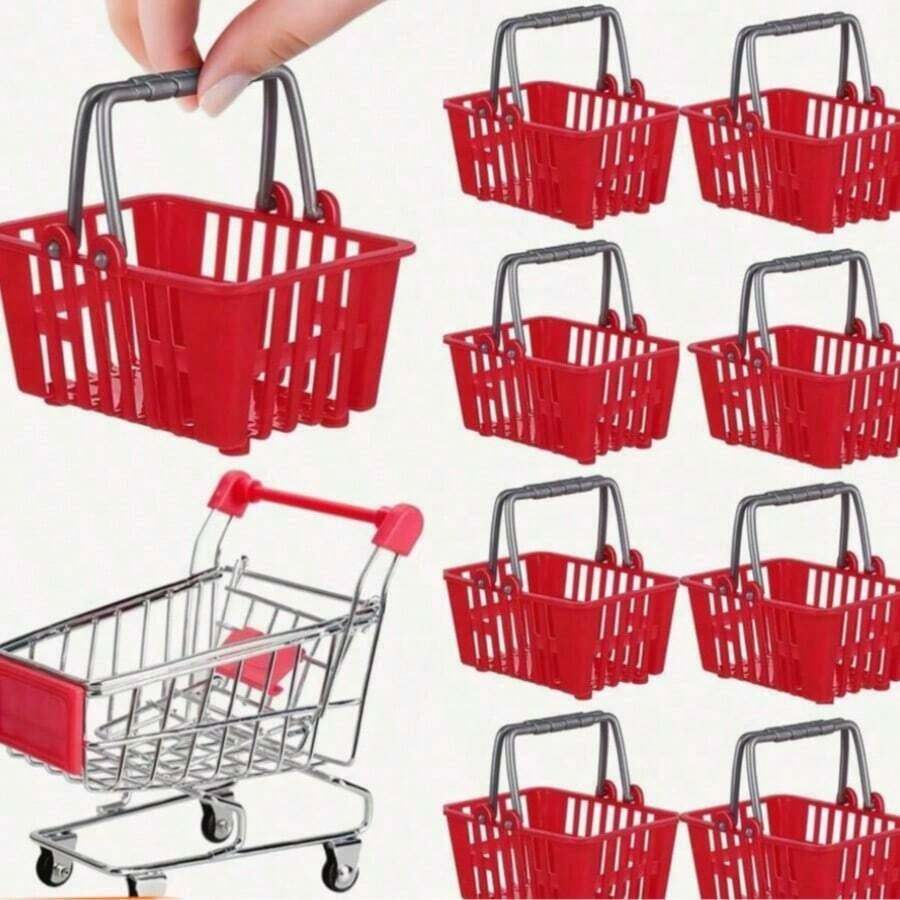 Mini Red Plastic Shopping Cart With Handle, Grocery Basket, Suitable As Party Favor, Toy House Decor - Multicolor - View 1