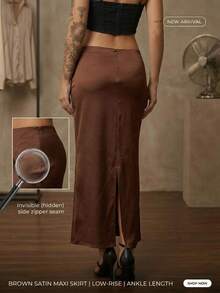 Falda larga de satín para mujer, corte recto, tiro bajo, acabado brillante, abertura trasera, ajuste elegante, diseño versátil ideal para eventos y looks casuales sexy para fiesta en la noche - Café integral - Ver 3