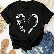 Women's Butterfly Heart Print T-Shirt - Soft, Breathable, Round Neck, Shclothest Sleeve, Perfect Fclothes Casual Wear, Fitness, And Outdoclothes Activities, Stretchy Fabric Casual Style Tee - 黑色 - 查看 1