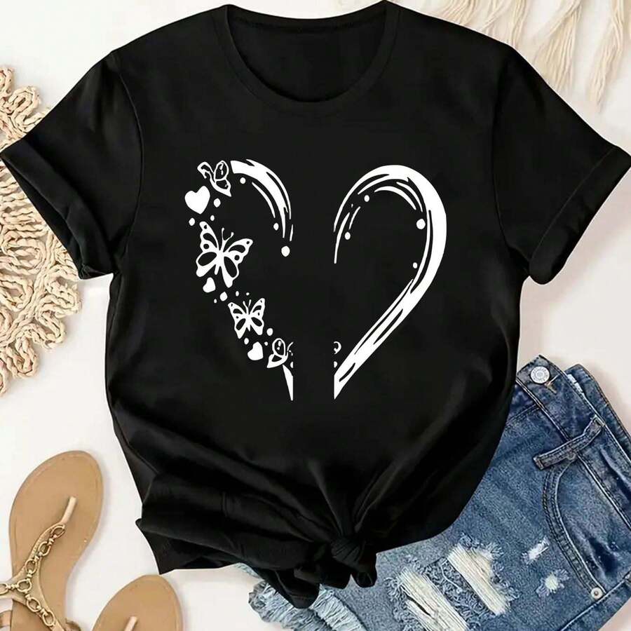 Women's Butterfly Heart Print T-Shirt - Soft, Breathable, Round Neck, Shclothest Sleeve, Perfect Fclothes Casual Wear, Fitness, And Outdoclothes Activities, Stretchy Fabric Casual Style Tee - 黑色 - 查看 1