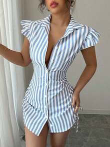 Vestido camisa elegante de vacaciones con mangas acampanadas, cintura fruncida y rayas azules - Celeste - Ver 7