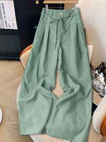Pantalones anchos de tela con cintura anudada en azul y blanco, para mujer, de estilo casual, para primavera/verano - Verde - Ver 6