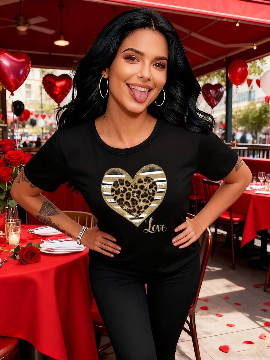 Women's Casual Short Sleeve T-Shirt - Heart, Leopard, Stripes And LOVE Letter Print - Soft Texture, Loose Fit, Essential For Sports And Leisure, Multicolor, Pure Cotton Printed T-Shirt For Women - 黑色 - 查看 1