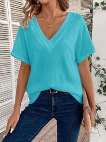 Camiseta de manga corta de uso diario versátil y casual con cuello en V para mujer - verde menta - Ver 5