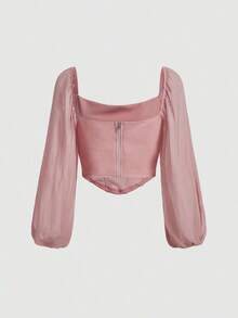 Lantern Sleeve Ruched Bustier Bandana Hem Crop Pink Chest-Back Top - Rosa vieja - Ver 2