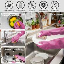 Mamison 2 Pairs Reusable Waterproof Household Dishwashing Cleaning Rubber Gloves, Non-Slip Kitchen Glove (Pink, Medium (Pack Of - kiểu dáng như hình ảnh - Xem 9