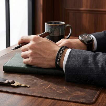 Regalo del Día del Padre, Pulsera de cuero y acero inoxidable para hombres, decoración con cadena, estilo vintage personalizado, cierre magnético ajustable