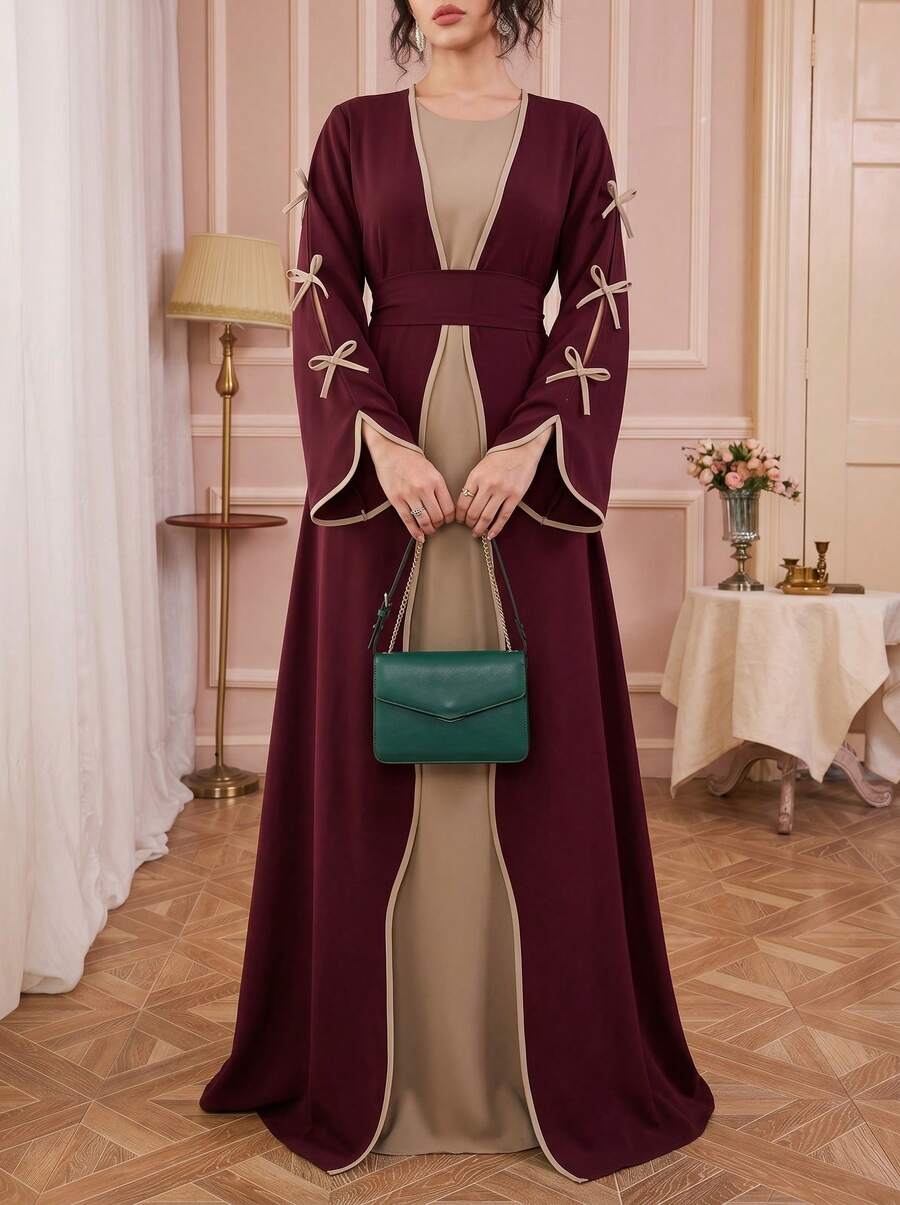 Solessence Áo Abaya kiểu Trung Đông tối giản, thời trang mới, màu đỏ tía trơn, chất liệu mềm mại, thoải mái, có thắt lưng, phù hợp cho lễ hội mùa xuân, ngày lễ, phối đồ hàng ngày hoặc lễ Eid. - Màu Đỏ Sâu - Xem 1
