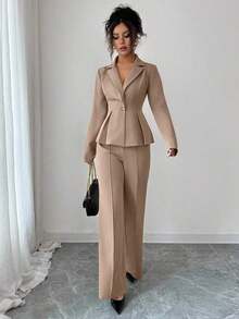 Elenzya Traje elegante que afina la cintura, pantalones acampanados y estilizadores para uso diario, adecuado para vacaciones, citas, Día de la Independencia, atuendo de maestra - Caqui - Ver 5