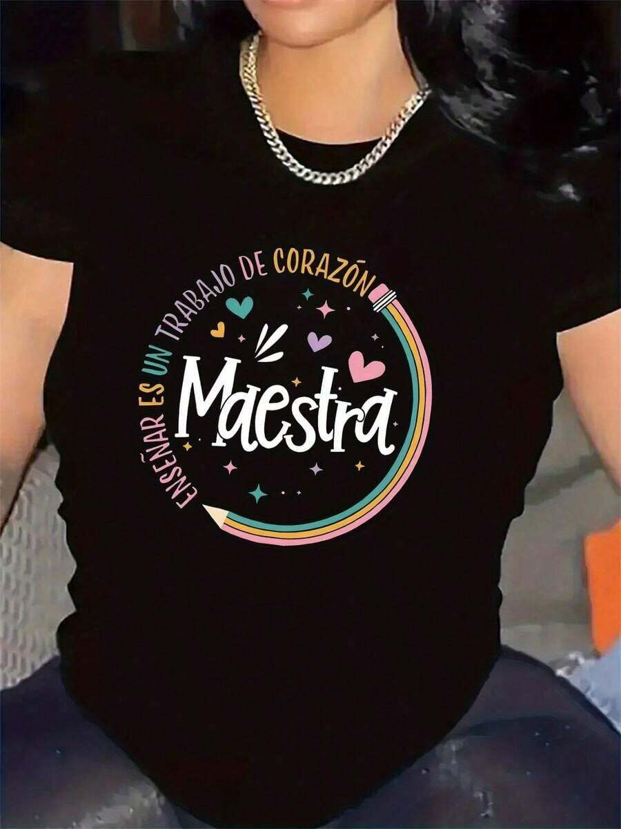 Soft 100%cottonSoft 100%cottonT-shirtCamiseta de manga corta para profesores, cómoda y duradera, i para uso diario, con diseño original, perfecta para eventos y uso cotidiano, top ligero y elegante para mujerBreathable Cotton Tee, All Matchcoolcool - Negro - Ver 1