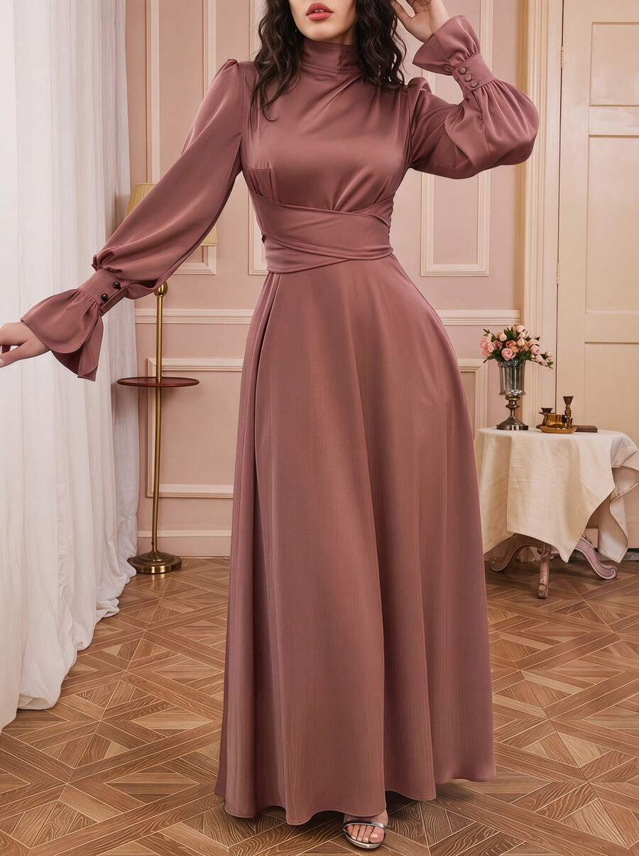 Solessence Einfarbiges, elegantes Hochzeitskleid im arabischen Stil mit Reißverschluss, plissiertem Rüschensaum für den Frühling