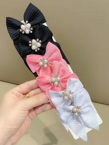 8pcs Solid Color Striped Fabric Bow Hair Clips With Pearl Rhinestone Decor, Cute Girl's School Style Hair Accessories, Suitable For Daily Wear And Party - Multicolor - View 6
