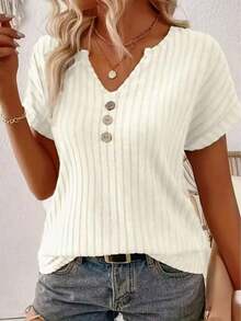 Primavera/novedad de verano, top acanalado de color sólido con cuello en V y botones decorados, camiseta elegante para mujer S-2XL - Azul - Ver 2