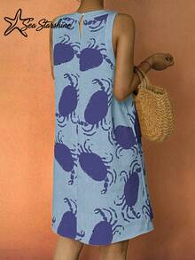 Women's Elegant Sexy Sleeveless Yellow Random Crab Print Dress, Suitable For Spring And Autumn Party Summer - Blue - View 10