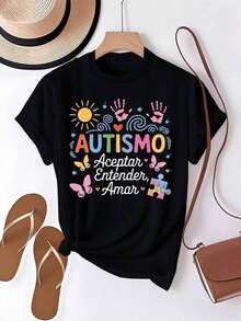 Blusas Bonito Camiseta ligera y colorida de algodón puro para mujeres, cómoda y de apoyo al autismo, 100% algodón. 100% Cotton Blusas Para Mujer Casual - Negro - Ver 1