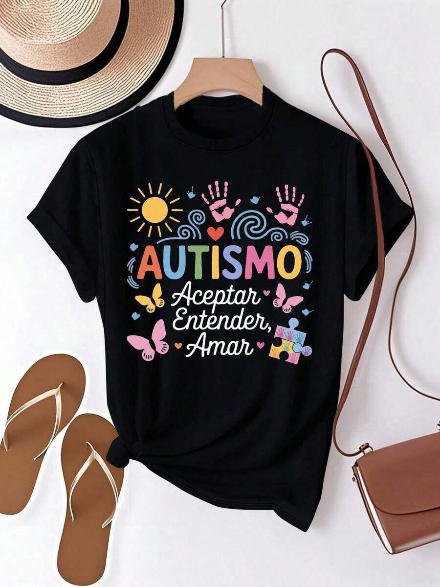 Blusas Bonito Camiseta ligera y colorida de algodón puro para mujeres, cómoda y de apoyo al autismo, 100% algodón. 100% Cotton Blusas Para Mujer Casual - Negro - Ver 1