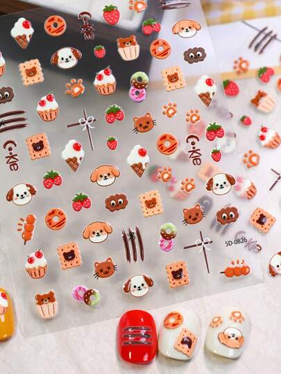 1pc Kawaii 5D Cute Dessert & Puppy Nail Stickers, Self-Adhesive Sweet Cake Strawberry Dog Design Nail Decals, Cartoon Nail Art Stickers For Girls, DIY Manicure Decor For Daily/Party/Date