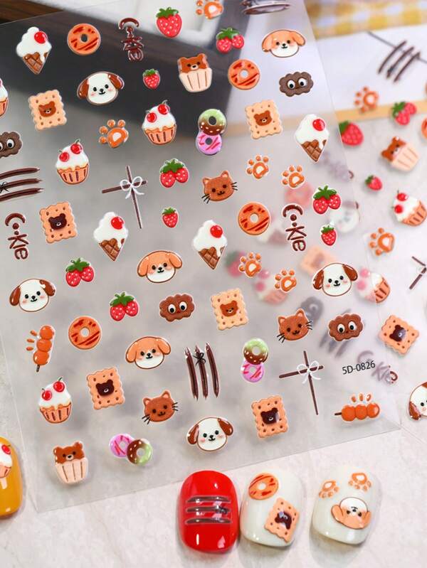 1 pieza Kawaii 5D Lindos adhesivos de uñas con diseños de postres y cachorros, adhesivos de uñas con diseños de pasteles dulces, fresas y perros, calcomanías de arte de uñas de dibujos animados para niñas, decoración de manicura DIY para uso diario/fiesta/cita