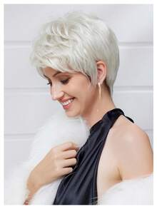 6 Inch Short Pixie Cut Wig For Women - 40% Human Hair Blended Wavy Bob Wig Platinum Blonde Natural Looking Breathable Cap Daily Wear Hairpiece - SWhite - View 6