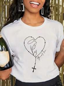 Camiseta Blanca Casual para Mujer con Gráfico de Rosario y Corazón de la Virgen María, Manga Corta, Cuello Redondo, Top de Poliéster para Uso Diario, Linda Idea de Regalo para el Día de la Madre MKKN - Blanco - Ver 2